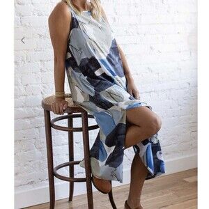 Grade And Gather Slip Midi Dress Rock Gray Blue Spaghetti Strap Side Slits Large